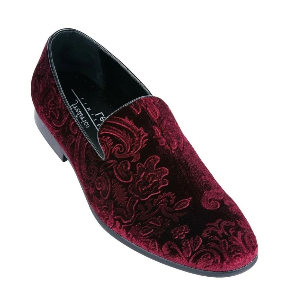 MEN'S FREDERICO LEONE RED SLIP ON VELVET JACQUARD TUXEDO SHOE.